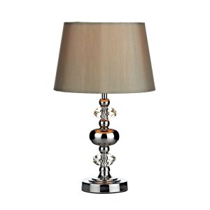 Edith 1 Light E14 Polished Chrome 3 Stage Touch Table Lamp With Faceted Crystal C/W Silver Grey Faux Silk Tapered Drum Shade