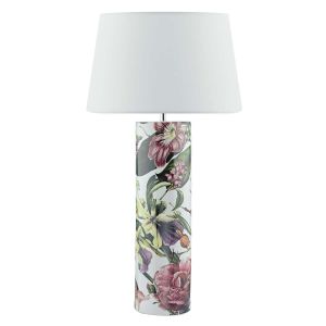 Bloomaa 1 Light E27 Tropical Print Ceramic Table Lamp With Inline Switch C/W Cezanne White Faux Silk Tapered 40cm Drum Shade