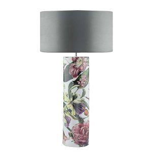 Bloomaa 1 Light E27 Tropical Print Ceramic Table Lamp With Inline Switch C/W Hilda Grey Faux Silk 40cm Drum Shade