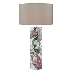 Bloomaa 1 Light E27 Tropical Print Ceramic Table Lamp With Inline Switch C/W Puscan Taupe Faux Silk 39cm Drum Shade
