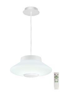 Nu Eldon Flat Pendant, 1 x 22W LED, IP44 RGB/Tuneable White Remote Control/App Control With Built In Speaker, Bluetooth Connection, White, 3yrs Warranty