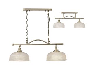 Elisha Semi Flush/Pendant Bar, 2 Light Adjustable E27, Antique Brass/Prismatic Glass