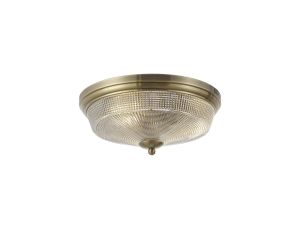 Elisha 34cm 2 Light E27 Flush Ceiling Light, Antique Brass/Prismatic Glass