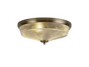 Elisha 43.8cm 3 Light E27 Flush Ceiling Light, Antique Brass/Prismatic Glass