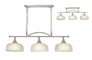 Elisha Semi Flush/Pendant Bar, 3 Light Adjustable E27, Satin Nickel/Frosted Glass