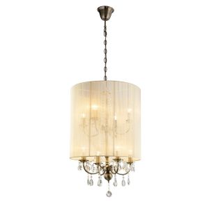 Ella Pendant With Ivory Ccrain Shade 8 Light E14 Antique Brass/Crystal