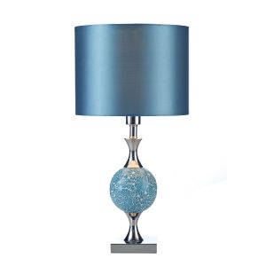 Elsa 1 Light E27 Polished Chrome Table Lamp With Blue Mosaic With Inline Switch C/W Blue Sheened Fabric Drum Shade