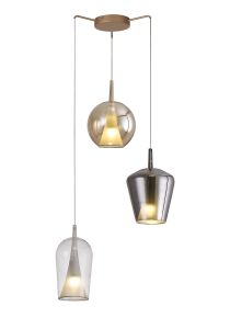 Elsa Pendant With Mixed Shades, 3 Light E27, Clear/Chrome/Bronze Glass With Frosted Inner Cone, Gold Frame
