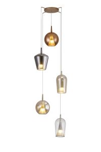 Elsa Pendant With Mixed Shades, 5 Light E27, Clear/Chrome/Bronze/Copper Glass With Frosted Inner Cone, Gold Frame