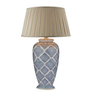Ely 1 Light E27 Blue With White Table Lamp With Inline Switch C/W Degas Taupe Faux Silk Tapered 45cm Drum Shade