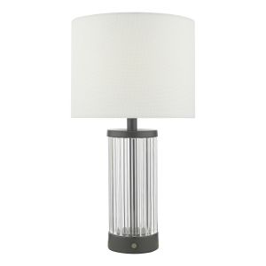 Enrico 1 Light Satin Black Rechargeable LED Table Lamp With Ribbed Glass Base C/W White Linen Drum Shade