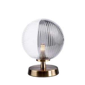 Esben 1 Light G9 Touch Table Lamp Antique Brass C/W 15cm Smoked & Clear Ribbed Glass Shade