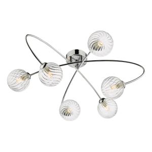 Etta 6 Light G9 Polished Chrome Semi Flush Ceiling Fitting With Round Twist Ribbed Glass Shades