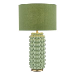 Etzel 1 Light E27 Green With Satin Brass Details Table Lamp With Inline Switch C/W Linen 30cm Drum Shade