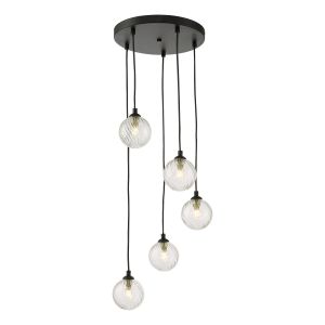 Federico 5 Light G9 Black Adjustable Cluster Pendant C/W Clear Twisted Style Closed Glass Shade