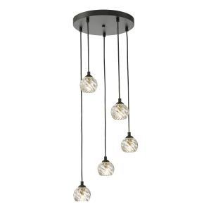 Federico 5 Light G9 Black Adjustable Cluster Pendant C/W Clear Twisted Style Open Glass Shade