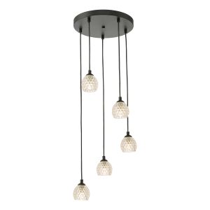 Federico 5 Light G9 Black Adjustable Cluster Pendant C/W Clear Dimpled Open Style Glass Shade