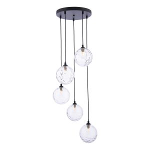 Federico 5 Light G9 Black Adjustable Cluster Pendant C/W Clear Dimpled Glass Shades