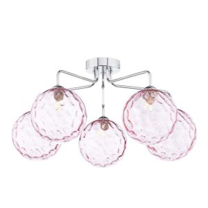 Feya 5 Light G9 Polished Chrome Semi Flush Ceiling Light C/W Pink Dimpled Glass Shades