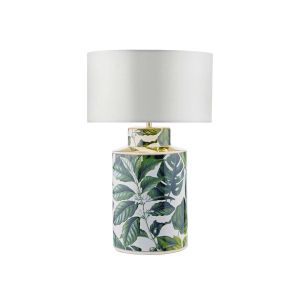 Filip 1 Light E27 Green Leaf Print Table Lamp With Inline Switch C/W Hilda Ivory Faux Silk 35cm Drum Shade