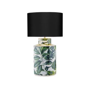 Filip 1 Light E27 Green Leaf Print Table Lamp With Inline Switch C/W Hudson Black Satin 33cm Drum Shade