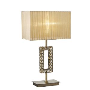 Florence Rectangle Table Lamp With Soft Bronze Shade 1 Light E27 Antique Brass/Crystal