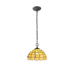 Florence 2 Light Downlighter Pendant E27 With 30cm Tiffany Shade, Beige/Clear Crystal/Aged Antique Brass