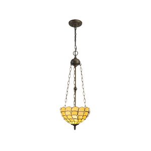 Florence 3 Light Uplighter Pendant E27 With 30cm Tiffany Shade, Beige/Clear Crystal/Aged Antique Brass