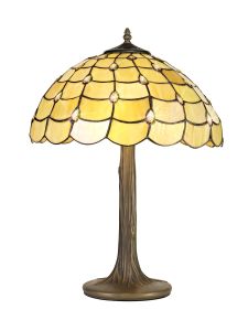 Florence 2 Light Tree Like Table Lamp E27 With 40cm Tiffany Shade, Beige/Clear Crystal/Aged Antique Brass