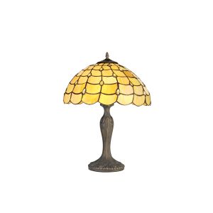 Florence 2 Light Curved Table Lamp E27 With 40cm Tiffany Shade, Beige/Clear Crystal/Aged Antique Brass