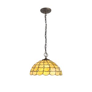 Florence 3 Light Downlighter Pendant E27 With 40cm Tiffany Shade, Beige/Clear Crystal/Aged Antique Brass