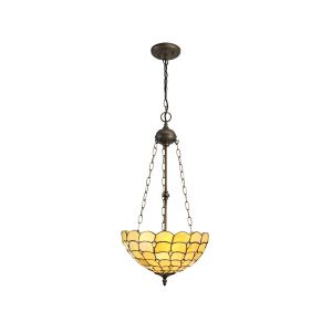 Florence 3 Light Uplighter Pendant E27 With 40cm Tiffany Shade, Beige/Clear Crystal/Aged Antique Brass