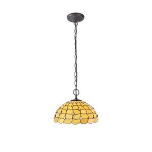 Florence 2 Light Downlighter Pendant E27 With 50cm Tiffany Shade, Beige/Clear Crystal/Aged Antique Brass