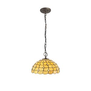 Florence 3 Light Downlighter Pendant E27 With 50cm Tiffany Shade, Beige/Clear Crystal/Aged Antique Brass