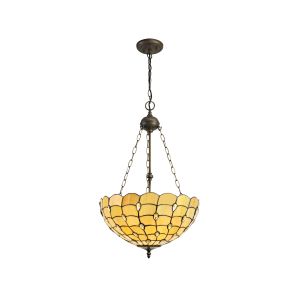 Florence 3 Light Uplighter Pendant E27 With 50cm Tiffany Shade, Beige/Clear Crystal/Aged Antique Brass