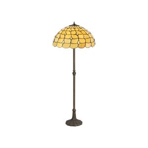 Florence 2 Light Leaf Design Floor Lamp E27 With 50cm Tiffany Shade, Beige/Clear Crystal/Aged Antique Brass