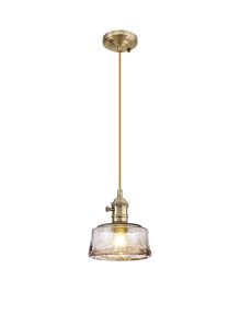 Frida Switched Pendant 1.5m, 1 x E27, Antique Brass / Golden Brown Braided Cable / Brown Bowl Glass