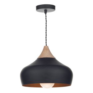 Gaucho 1 Light E27 Black With Feature Wooden Cap Detail Adjustable Pendant