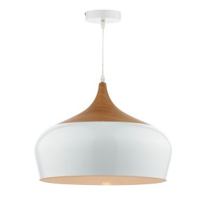 Gaucho 1 Light E27 White With Feature Wooden Cap Detail Adjustable Large Pendant