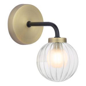 Gibbs 1 Light G9 Antique Brass & Matt Black Wall Light C/W 12cm Opal & Clear Ribbed Glass Shade