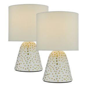Glenda 1 Light E14 White Ceramic Table Lamps With Gold Dots With Inline Switch C/W Ivory Cotton Shade (Pack Of 2)
