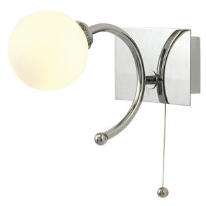 IP44 Globe Wall Lamp With Pull-Cord Switch 1 Light G9 Polished Chrome/Opal Glass
