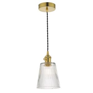 Hadano 1 Light E14 Natural Brass Adjustable Pendant With Ribbed Glass Shade