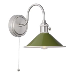 Hadano 1 Light E14 Antique Chrome Wall Light With Pull Cord C/W Olive Green Shade