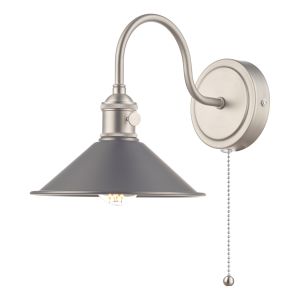 Hadano 1 Light E14 Antique Chrome Wall Light With Pull Cord C/W Antique Pewter Shade
