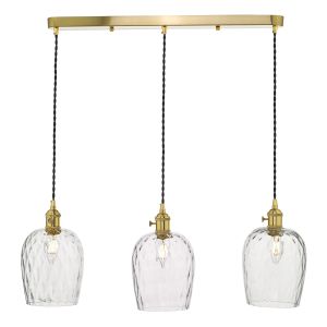 Hadano 3 Light Natural Brass Adjustable Linear Bar Pendant Dimpled Glass Shades