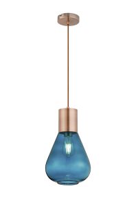 Hark Narrow Pendant, 1 x E27, Antique Copper/Teal Blue Glass