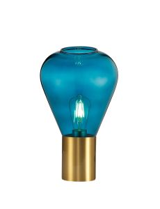 Hark Narrow Table Lamp, 1 x E27, Aged Brass/Teal Blue Glass