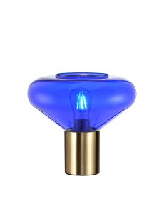 Hark Wide Table Lamp, 1 x E27, Aged Brass/Blue Ink Glass