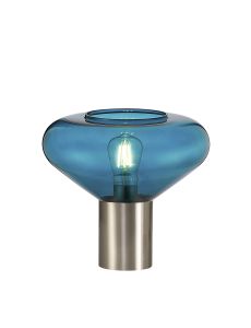 Hark Wide Table Lamp, 1 x E27, Satin Nickel/Teal Blue Glass